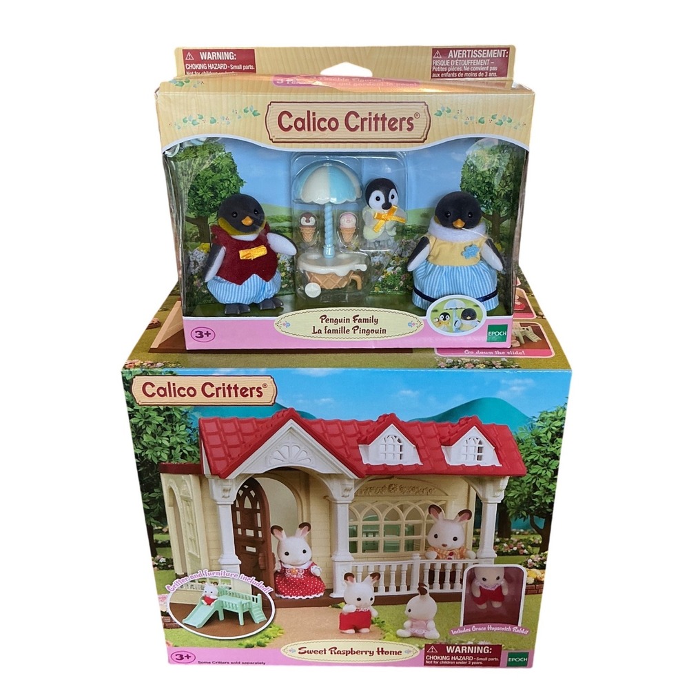 Calico Critters Sweet Raspberry Home and Penguin Family Set Bundle New